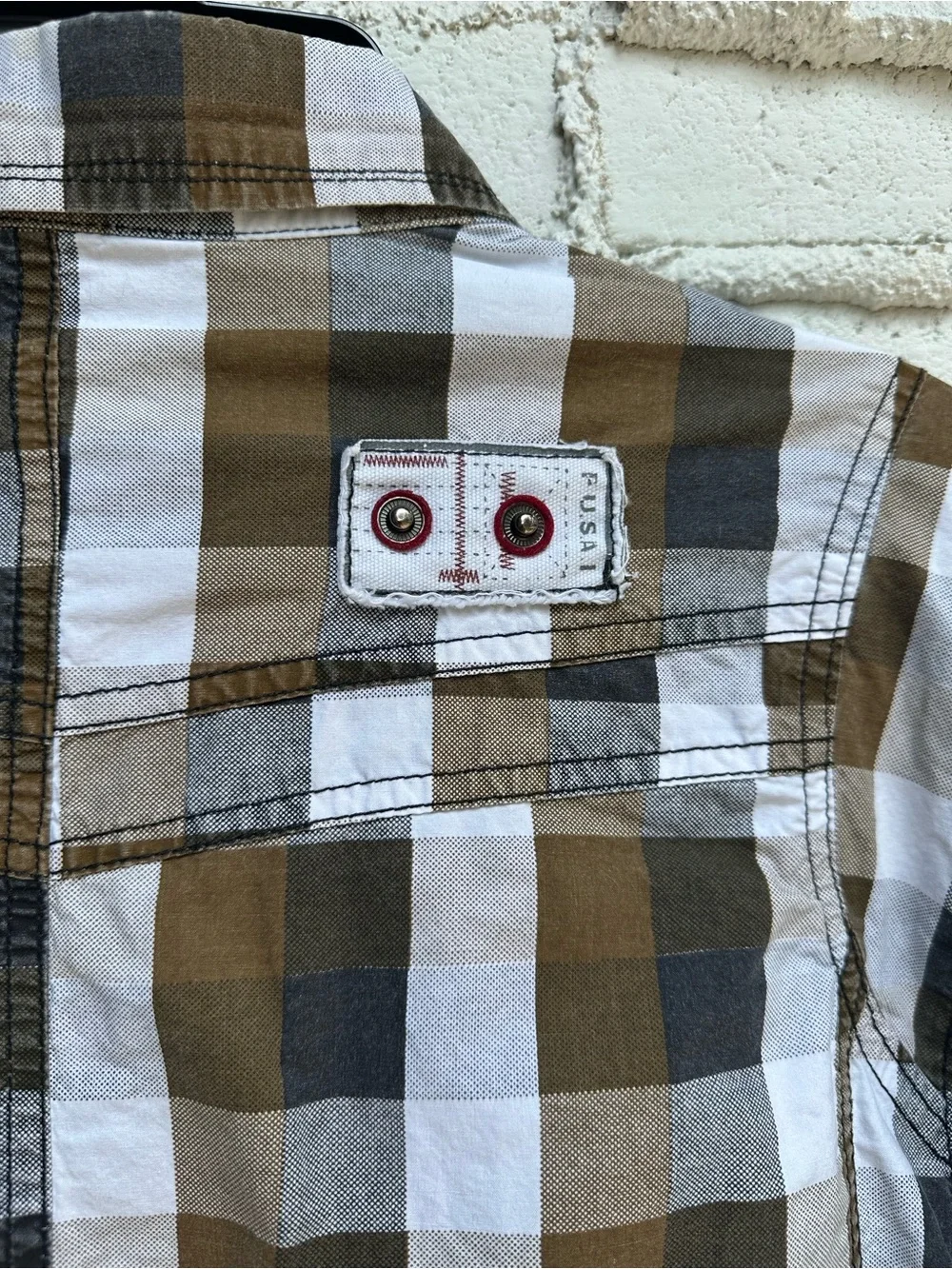 FUSAI Jeans Mens Large Plaid Utility Snap Shirt, Moto Grunge  Y2K Heavy Cotton L